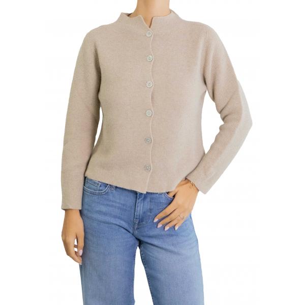 Cardigan tinta unita con bottoni e colletto alla coreana misto cashmere 